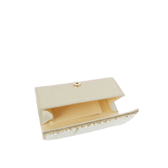 Gold pearl beaded rhinestone clutch evening bag open interior view