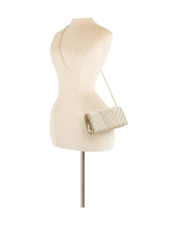 Gold pearl beaded rhinestone clutch evening bag shown on mannequin with chain strap
