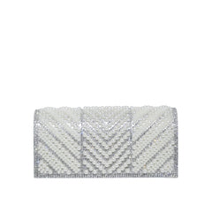 Silver pearl beaded rhinestone clutch evening bag front view