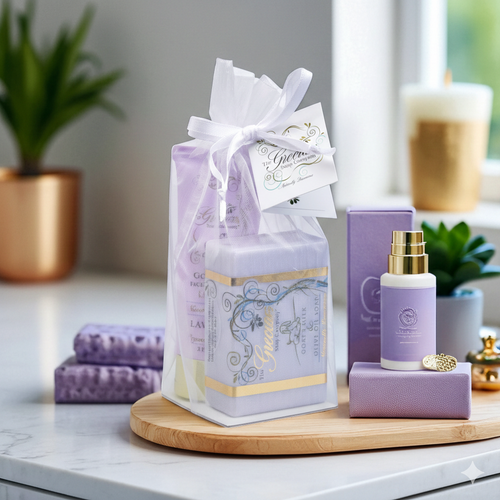 Lifestyle shot of a lavender spa gift set on a wooden tray in a bright bathroom setting next to a purple candle and succulent.
