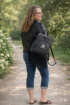 Fringed Skull Quilted Fashion Backpack - Black Vegan Leather