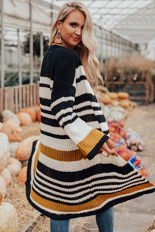 Chic Striped Open Front Cardigan with Drop Shoulders