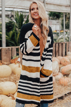 Chic Striped Open Front Cardigan with Drop Shoulders
