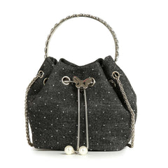 Denim & Rhinestone Butterfly Drawstring Bucket Bag - Black