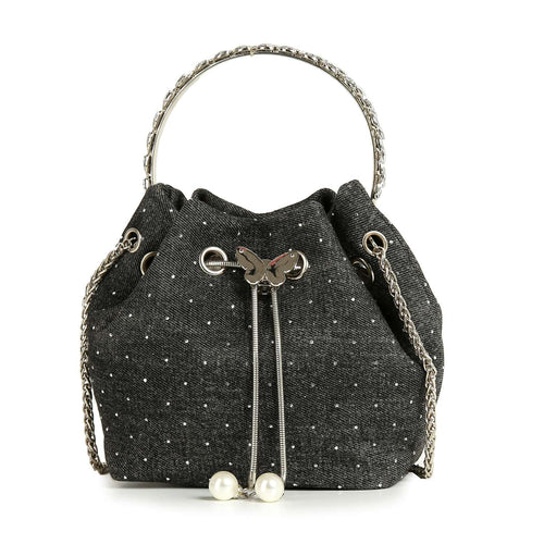 Denim & Rhinestone Butterfly Drawstring Bucket Bag - Black