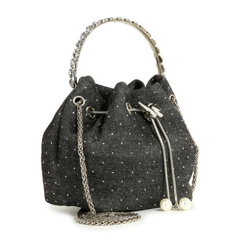 Denim & Rhinestone Butterfly Drawstring Bucket Bag - Black