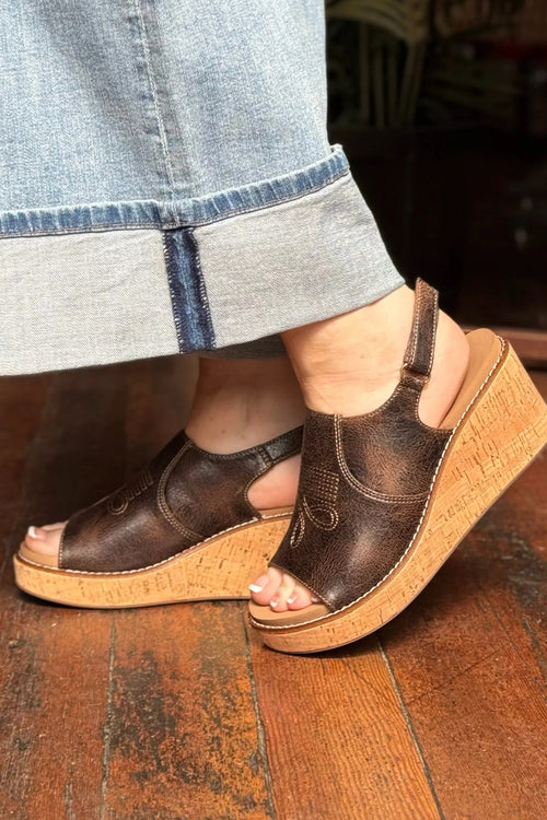 Corky’s “Most Wanted” Sandals – Espresso Crinkle Western Wedge (Sizes 7–11)