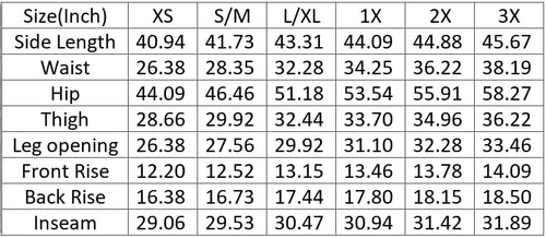 Table displaying measurements for clothing sizes XS to 3X in inches.