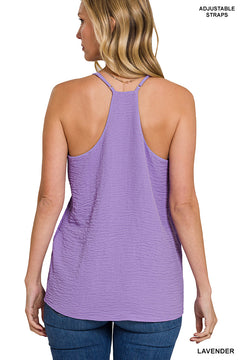 Lavender adjustable strap V-neck cami top shown from the back with adjustable strap detail.