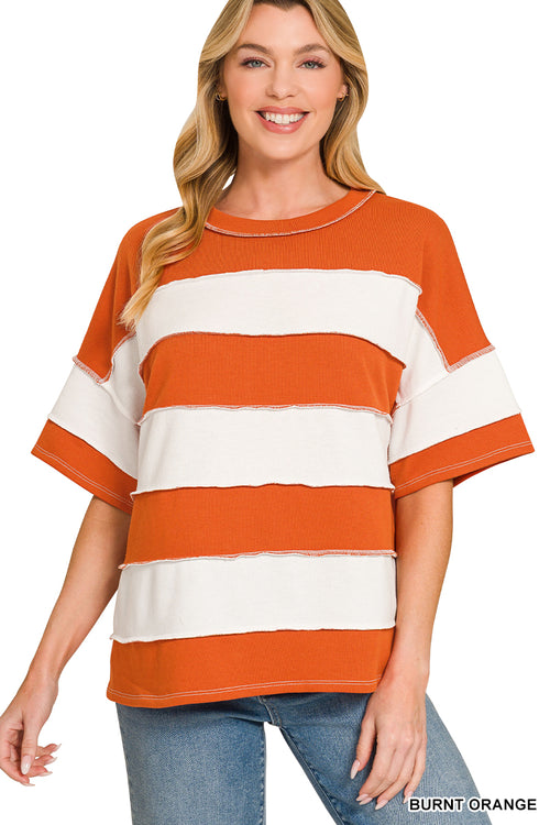 Zenana Easy Days French Terry Striped Exposed Seam Top