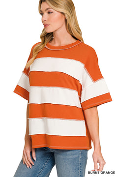 Zenana Easy Days French Terry Striped Exposed Seam Top