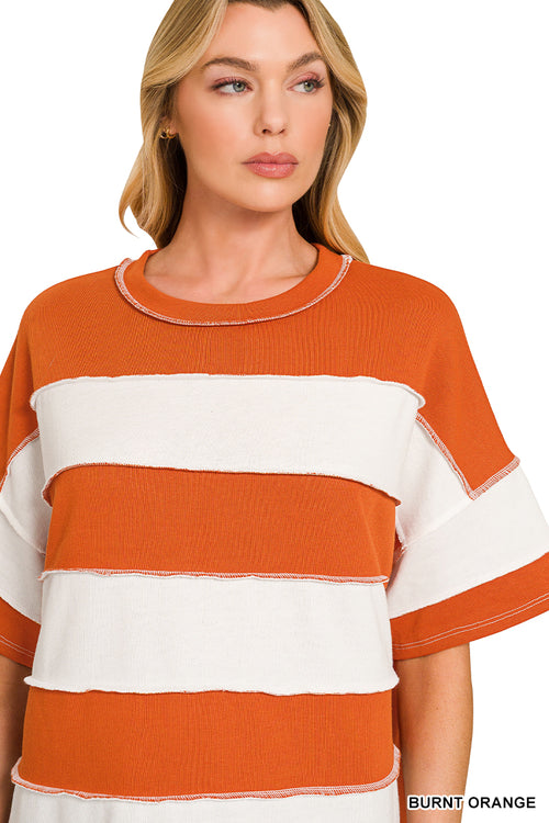 Zenana Easy Days French Terry Striped Exposed Seam Top