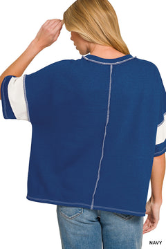 Zenana Easy Days French Terry Striped Exposed Seam Top