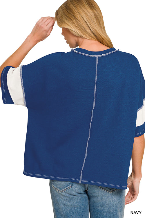 Zenana Easy Days French Terry Striped Exposed Seam Top