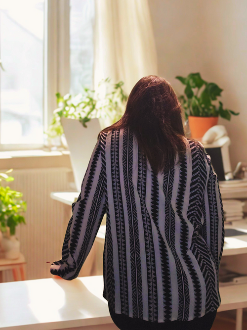 Black & White Geo Stripe Button-Front Blouse – Sizes Small to XL