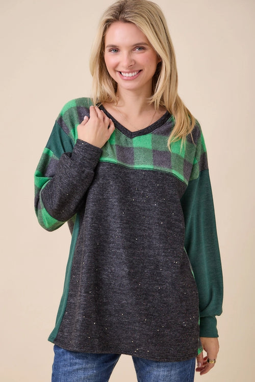 Cozy Plaid Sparkle V-Neck Tunic — Red or Green
