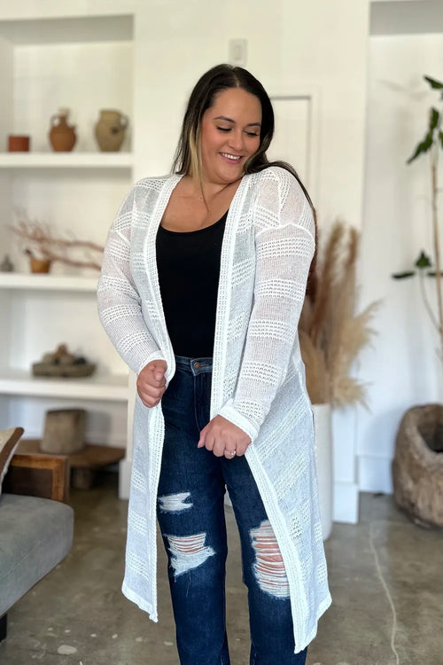 White Double Take Open Front Longline Cardigan – long knit cardigan with open front