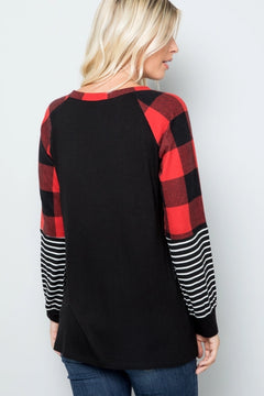 Plaid & Stripe Color Block Long Sleeve Top — Red or Black/White