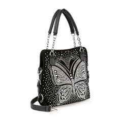 Dazzling Rhinestone Butterfly Shoulder Bag - Black Vegan Leather
