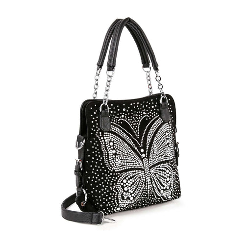 Dazzling Rhinestone Butterfly Shoulder Bag - Black Vegan Leather