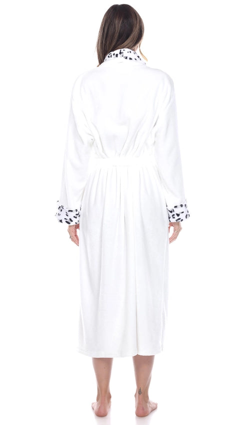 Back view of white plush robe with leopard trim