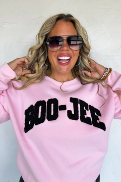 Pink BOO-JEE ghost pullover front closeup