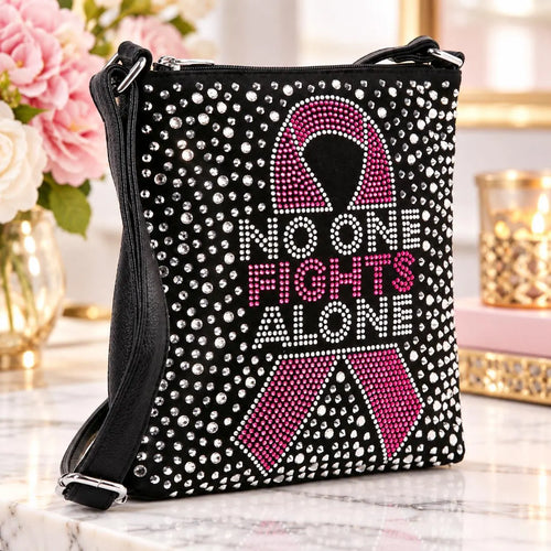 Breast cancer awareness rhinestone crossbody sling with pink ribbon and No One Fights Alone design