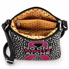Interior of breast cancer awareness rhinestone crossbody sling showing lined pockets