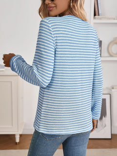 Blue Striped Button Detail Long Sleeve Top – classic button neckline top