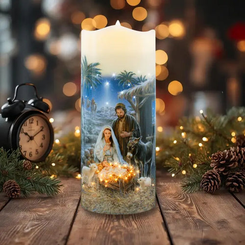 A Savior Is Born Nativity fiber optic candle