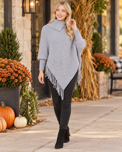 Gray cozy cowl neck fringe poncho styled for fall