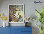 Finished Woman Tree diamond painting framed on a wall above a blue console table