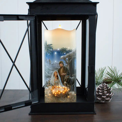 A Savior Is Born Nativity fiber optic candle