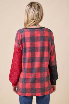 Cozy Plaid Sparkle V-Neck Tunic — Red or Green
