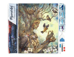 Woman Tree diamond painting kit with completed artwork, tools, tray, and rhinestone packets