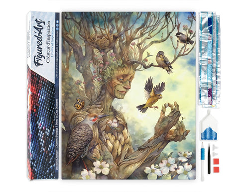 Woman Tree diamond painting kit with completed artwork, tools, tray, and rhinestone packets