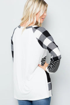 Plaid & Stripe Color Block Long Sleeve Top — Red or Black/White