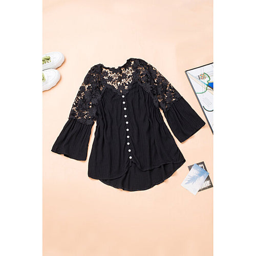 Black Crochet Lace Button Up Blouse