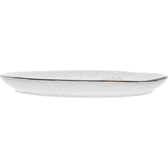Side view showing white speckled ceramic Giving Plate with dark brown rim