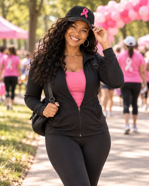 Woman wearing black distressed pink ribbon breast cancer awareness cap with mauve sweater and jeans