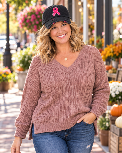 Mature woman wearing black distressed pink ribbon breast cancer awareness cap with cardigan and flowers