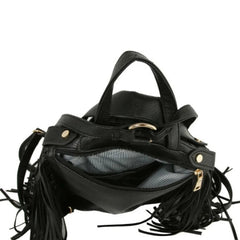 Black leather fringe handbag with dual top handles, gold-tone hardware, and a zippered compartment, shown against a plain white background.