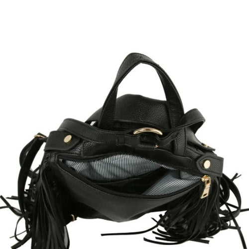 Black leather fringe handbag with dual top handles, gold-tone hardware, and a zippered compartment, shown against a plain white background.