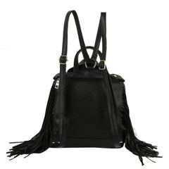 Black vegan-leather backpack with long fringe tassels on the sides and top handles, featuring gold-tone hardware, shown against a plain white background.