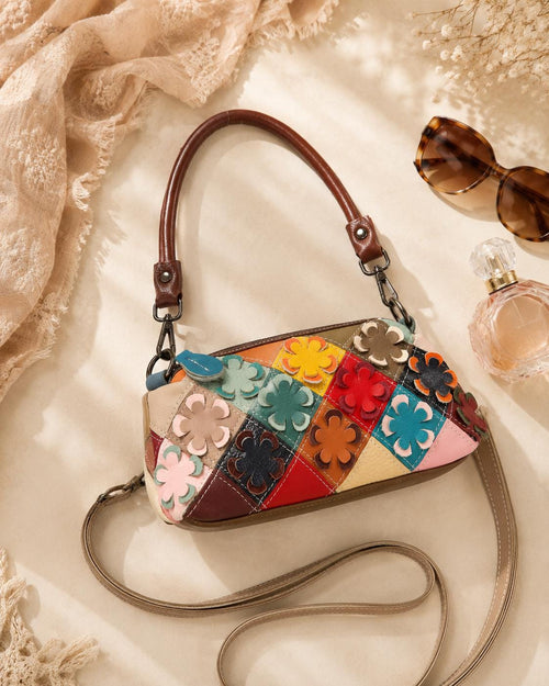 Genuine Leather Colorful Floral Patchwork Petite Shoulder Crossbody Bag