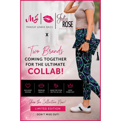 Promotional banner for a collaboration between 'Ms Makeup Junkie Bags' and 'Julia Rose Collection', featuring a model wearing patterned leggings and a beige crop top against a pink and white background with product details and logos.