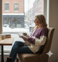 Woman reading a book in a cozy setting with snow outside the window