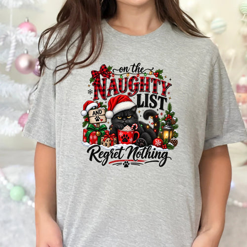 On The Naughty List and Regret Nothing black cat graphic tee
