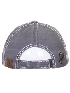 The back view of a gray baseball cap with white contrast stitching, an adjustable hook-and-loop strap, a brown leather patch with 'CC' on the left, and a small black embroidered logo on the right.