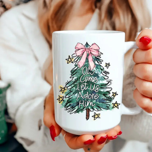 White Christmas mug with hand-drawn Christmas tree and O Come Let Us Adore Him lettering